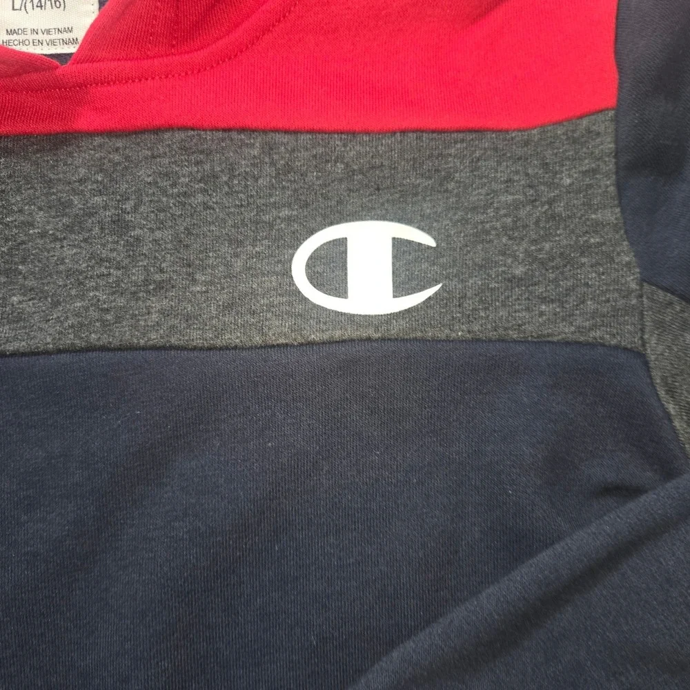 Champion Boys Colorblock Hoodie Navy Blue Red Grey Logo Sweatshirt Size L 14/16